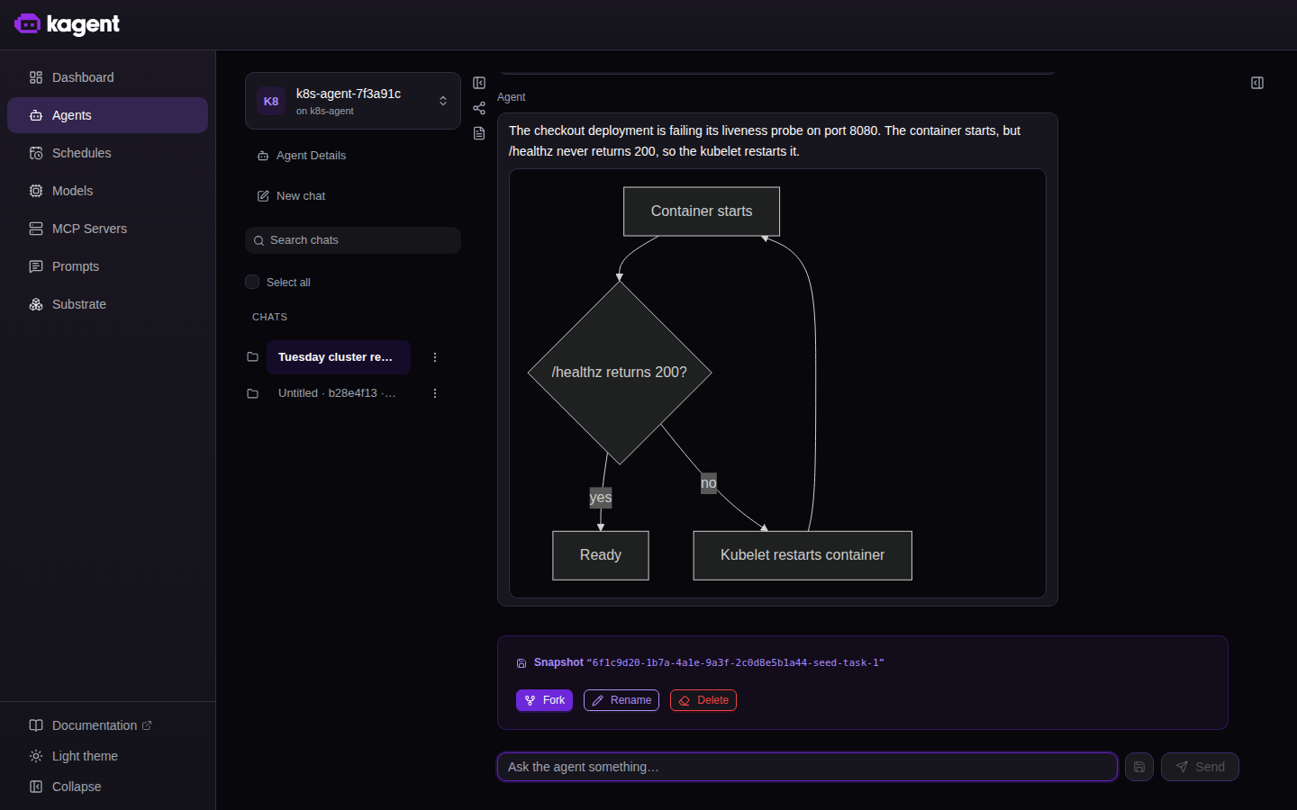 A conversation with an agent, showing a named snapshot and the controls on its mark