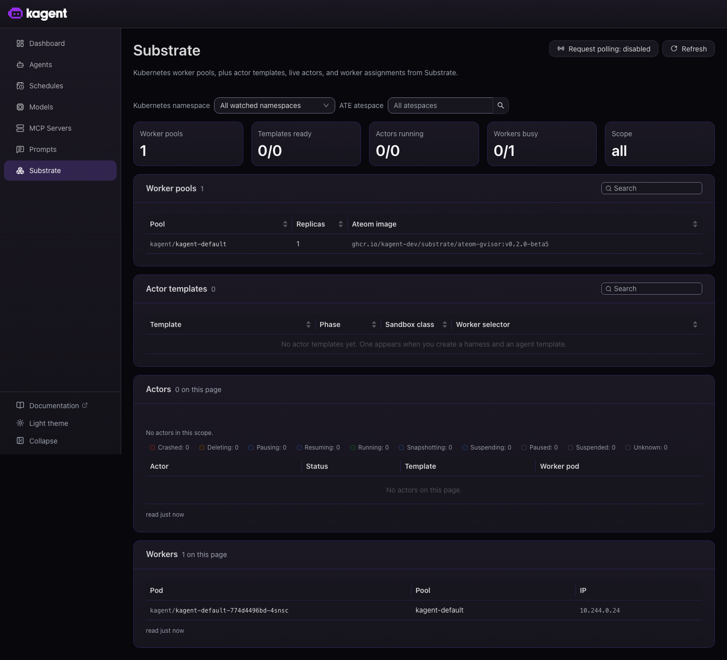 The Substrate page, showing one worker pool and no running actors