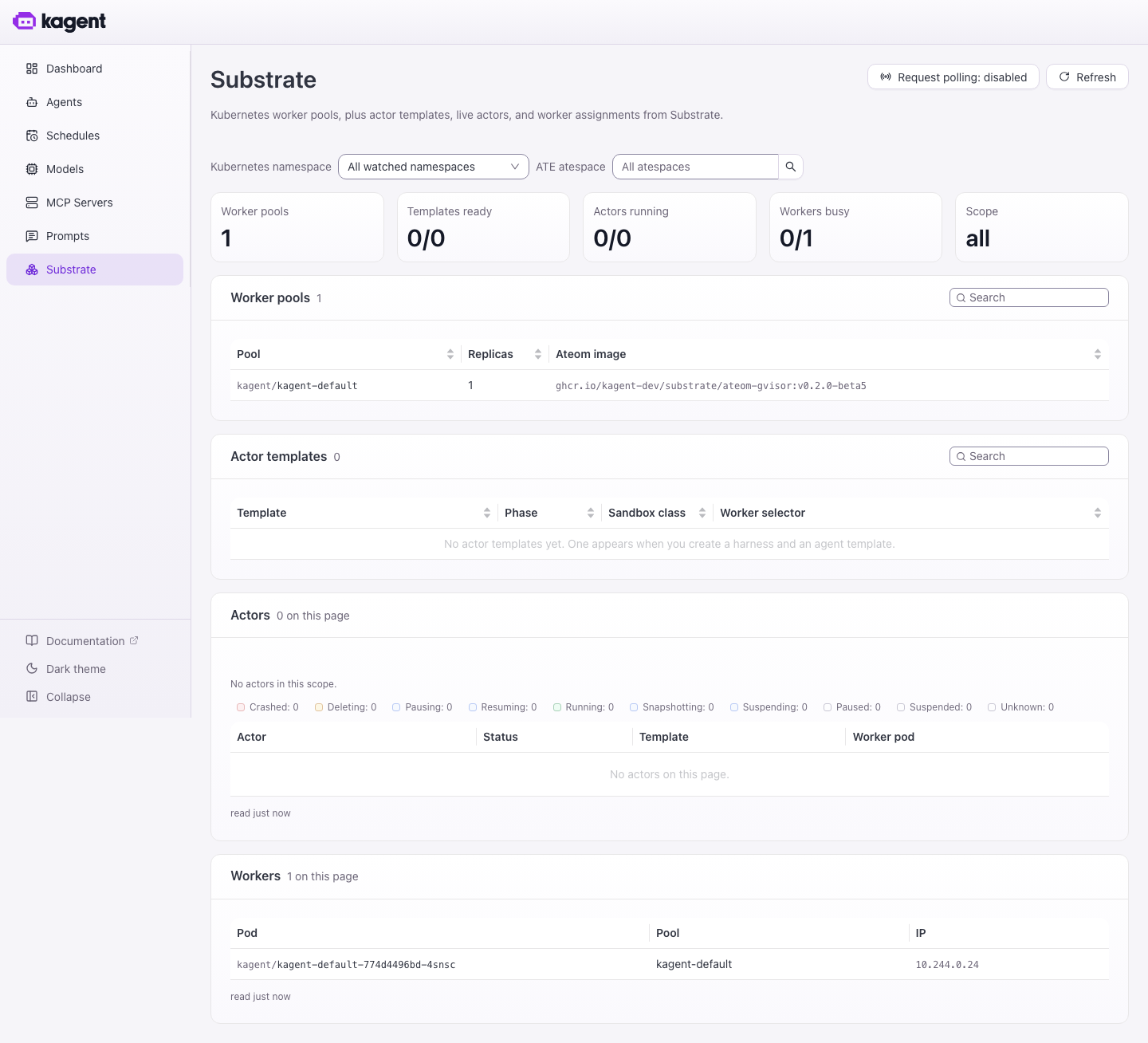 The Substrate page, showing one worker pool and no running actors